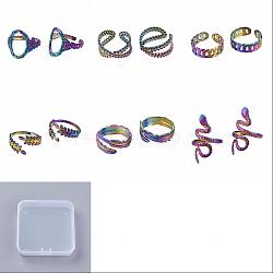 6Pcs 6 Style Leaf & Feather & Snake & Oval Cuff Rings, Hollow Wide Open Rings, Rainbow Color 304 Stainless Steel Rings for Women, Inner Diameter: 17.3~18.3mm, 1pc/style(RJEW-SZ0001-10)