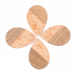 Transparent Resin & Walnut Wood Pendants, with Gold Foil, Teardrop, Dark Salmon, 35.5x24.5x3mm, Hole: 2mm(X-RESI-S389-037A-B04)