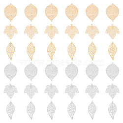 36Pcs 6 Style Brass Filigree Big Pendants, Leaf & Maple Leaf, Platinum & Golden, 35~42.5x19~31x0.3mm, Hole: 1~1.8mm, 6pcs/style(KK-DC0002-96)