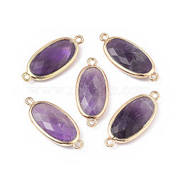 Natural Amethyst Links connectors, with Brass Findings, Faceted, Oval, Golden, 28~28.5x12x5mm, Hole: 1.6mm(G-E526-27B)