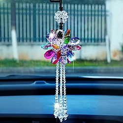 Glass Flower with Tassel Pendant Decorations, for Interior Car Mirror Hanging Decorations, Colorful, 350mm(AUTO-PW0001-18D)