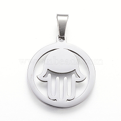 Non-Tarnish 304 Stainless Steel Pendants with 201 Stainless Steel Clasp, Flat Round with Hamsa Hand, Stainless Steel Color, 25x22x1.2mm, Hole: 4x7.5mm(STAS-I086-04P-12)