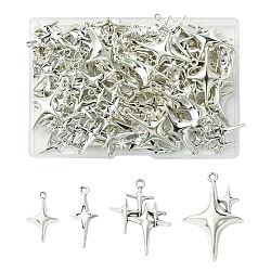 100Pcs 4 Styles Tibetan Style Alloy Hollow Pendants, Star Charms, Antique Silver, 19~34.5x10~22.5x1.7~5mm, Hole: 1.5~1.8mm, 25pcs/style(FIND-YW0007-99)