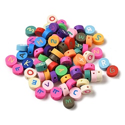 Handmade Polymer Clay Beads, Round with Letter, Mixed Color, 10x4mm, Hole: 1.6mm(CLAY-Z001-14)