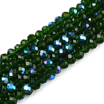 Electroplate Glass Beads Strands, Half Rainbow Plated, Faceted, Rondelle, Dark Green, 4x3mm, Hole: 0.4mm, about 113~115pcs/strand, 41~41.5cm