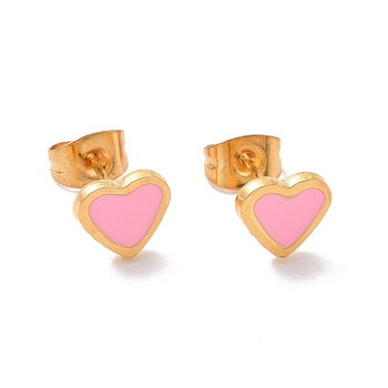 304 Stainless Steel Enamel Stud Earrings, with 316 Surgical Stainless Steel Pin, Golden, Heart, Pink, 7x7.5x2mm, Pin: 0.8mm