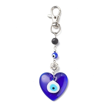 Handmade Lampwork Evil Eye Pendant Decoration, Natural Lava Rock Round Bead & Lobster Clasp Charms, for Keychain, Purse, Backpack Ornament, Heart, 125mm