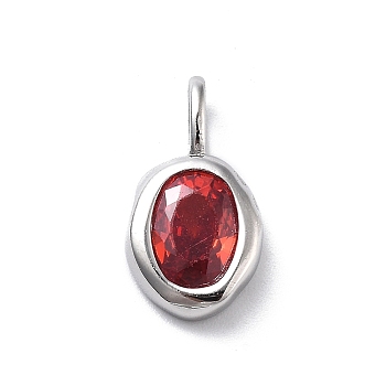 925 Sterling Silver Cubic Zirconia Oval Charms, Birthstone Charms with 925 Stamp, Silver Color Plated, Crimson, 14.5x8x3mm, Hole: 3.5x2mm