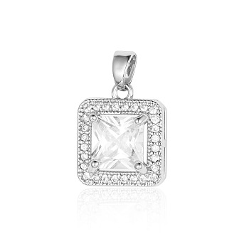 Brass Micro Pave Clear Cubic Zirconia Pendants, Square Charms, Platinum, 16x14x7mm