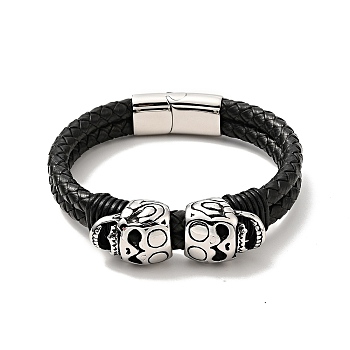 304 Stainless Steel Skull Beaded Double Loops Multi-strand Bracelet with Magnetic Clasp, Gothic Bracelet with Leather Cord for Men Women, Black, 8-5/8 inch(22cm)