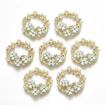 Alloy Pendants, Open Back Bezel, for Valentine's Day, with ABS Plastic Imitation Pearl, Olive Branch Wreath, Golden, Light Green, 24x22.5x4mm, Hole: 1.6mm