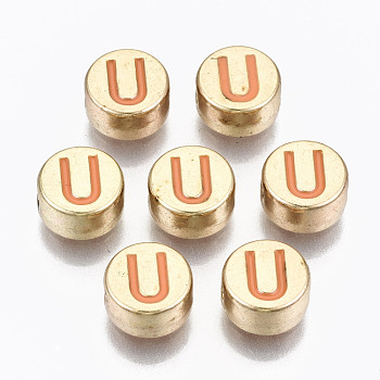 Alloy Enamel Beads, Cadmium Free & Lead Free, Flat Round with Initial Letters, Light Gold, Orange, Letter.U, 8x4mm, Hole: 1.5mm