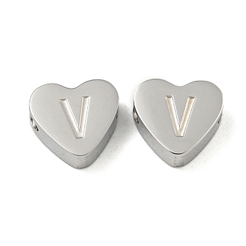 Tarnish Resistant 304 Stainless Steel Beads, Heart with Letter, Stainless Steel Color, Letter V, 7x8x3mm, Hole: 2mm