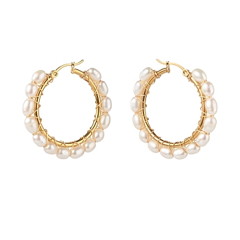 Natural Pearl Beads Brass Hoop Earrings, with 304 Stainless Steel Hooks, Linen, 36x39x4.5mm, Pin: 0.7mm