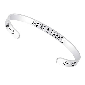 Inspirational 304 Stainless Steel Cuff Bangles, Words, Stainless Steel Color, 6-1/4x1/4 inch(16x0.6cm)