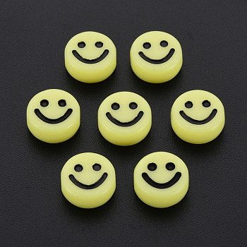 Opaque Acrylic Beads, with Enamel, Flat Round with Smile Face, Yellow, 10x5mm, Hole: 2mm