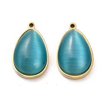 304 Stainless Steel Pendants, with Cat Eye, Teardrop Charms, Real 14K Gold Plated, Turquoise, 22.5x14.5x7mm, Hole: 1.5mm