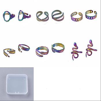 6Pcs 6 Style Leaf & Feather & Snake & Oval Cuff Rings, Hollow Wide Open Rings, Rainbow Color 304 Stainless Steel Rings for Women, Inner Diameter: 17.3~18.3mm, 1pc/style