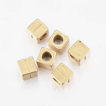 304 Stainless Steel Large Hole Letter European Beads, Horizontal Hole, Cube with Letter.I, Golden, 8x8x8mm, Hole: 5mm