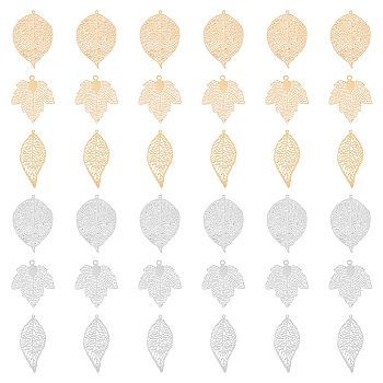 36Pcs 6 Style Brass Filigree Big Pendants, Leaf & Maple Leaf, Platinum & Golden, 35~42.5x19~31x0.3mm, Hole: 1~1.8mm, 6pcs/style