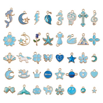 80Pcs 40 Style Alloy Enamel Pendants, with ABS Plastic Imitation Pearl and Crystal Rhinestone, Mixed Shapes, Light Gold, Blue, 2pcs/style