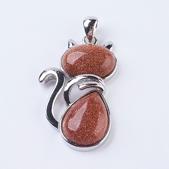 Synthetic Goldstone Kitten Pendants, with Brass Findings, Cat Silhouette Shape, Platinum, 45x27x8mm, Hole: 5x7mm
