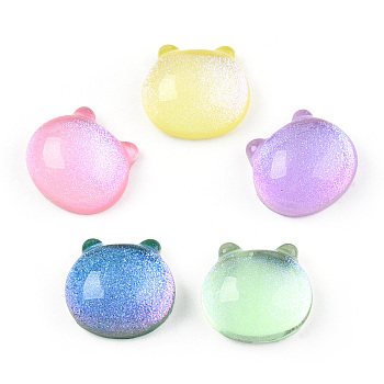 Transparent Epoxy Resin Cabochons, with Glitter Powder, Cat Head Shape, Mixed Color, 14.5x15.5x7.5mm