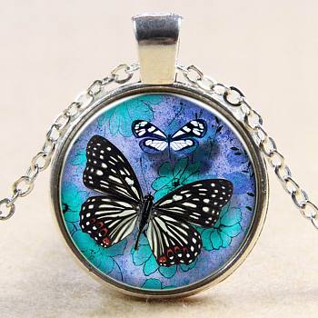 Butterfly Pattern Flat Round Glass Pendant Necklaces, with Alloy Chains, Silver Color Plated, 18 inch