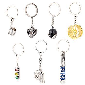 7Pcs 7 Style Alloy Keychains, with Iron Key Rings, Turbocharger & Car Wheels Hub & Traffic Light & Car Rotor & Helmet & Shock Absorber & Automotive Piston, Mixed Color, 7.1~10.1cm, 1pc/style