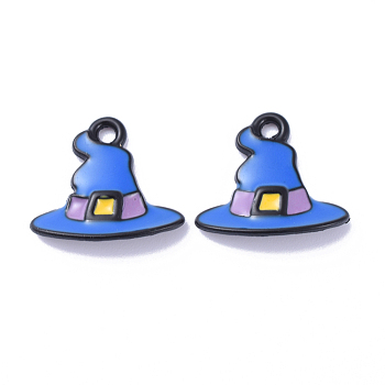 Alloy Enamel Charms, Witch Hat Charms, Magic Hat, for Halloween, Blue, 13x15x2mm, Hole: 1mm