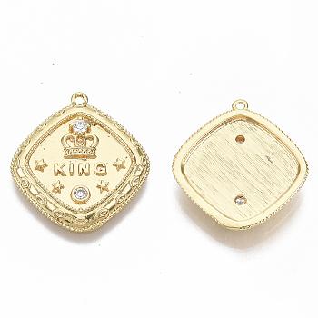 Brass Micro Pave Clear Cubic Zirconia Pendants, Nickel Free, Rhombus with Word King & Crown, Real 18K Gold Plated, 22x20x3.5mm, Hole: 1mm
