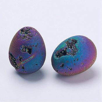 Electroplate Natural Druzy Geode Quartz Beads, Gemstone Home Display Decorations, No Hole/Undrilled, Egg Stone, Rainbow Plated, 41x29mm