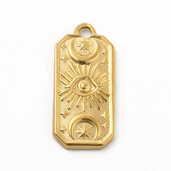 304 Stainless Steel Pendants, Rectangle with Moon & Eye Charms, Golden, 22.5x10.5x1.5mm, Hole: 2mm