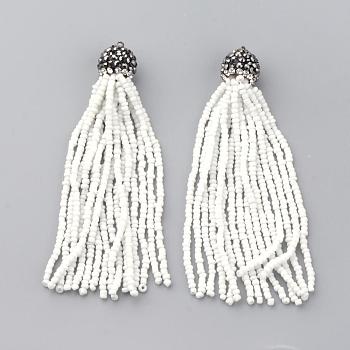 Glass Seed Beads Tassel Big Pendant Decorations, with Brass Polymer Clay Rhinestone Findings, White, 85~97x12~13mm, Hole: 2.5mm