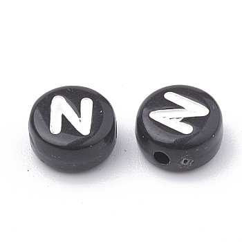 Opaque Acrylic Beads, Horizontal Hole, Alphabet Style, Flat Round, Letter.N, 7x4mm, Hole: 1.5mm, about 3700pcs/500g