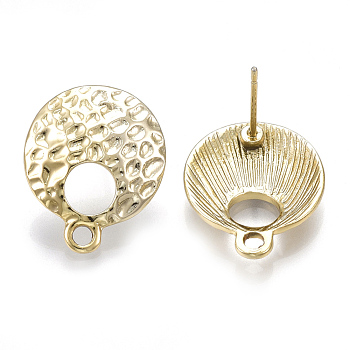 Alloy Stud Earring Findings, with Loop, Hammered, Flat Round, Light Gold, 18x15mm, Hole: 2mm, Pin: 0.7mm