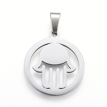 304 Stainless Steel Pendants with 201 Stainless Steel Clasp, Flat Round with Hamsa Hand, Stainless Steel Color, 25x22x1.2mm, Hole: 4x7.5mm