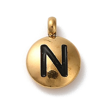 304 Stainless Steel Black Enamel Charms, Golden, Flat Round with Letter Charm, Letter N, 11x8x2.5mm, Hole: 1.8mm