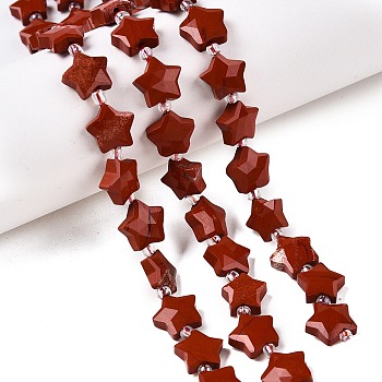 Natural Red Jasper Beads Strands, with Seed Beads, Faceted Star, 9~11x9~11x4~4.5mm, Hole: 1mm, about 16pcs/strand, 0.7~7.28''(17.5~18.5cm), bead: 3mm in diameter, 2mm thick, hole: 0.7~0.9mm