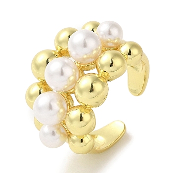 Rack Plating Brass Cuff Rings, with Plastic Pearl, Long-Lasting Plated, Lead Free & Cadmium Free, Real 18K Gold Plated, Adjustable