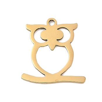 201 Stainless Steel Pendants, Owl Charms, Real 18K Gold Plated, 17x16x1mm, Hole: 1.4mm