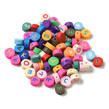Handmade Polymer Clay Beads, Round with Letter, Mixed Color, 10x4mm, Hole: 1.6mm
