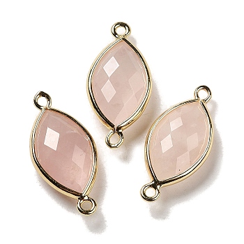 Natural Rose Quartz Faceted Connector Charms, Rack Plating Brass Horse Eye Links, Golden, 25x11.5x5.5mm, Hole: 1.6mm