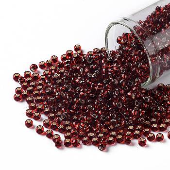 TOHO Round Seed Beads, Japanese Seed Beads, (2153S) Silver Lined Dark Cherry Amber, 8/0, 3mm, Hole: 1mm, about 222pcs/bottle, 10g/bottle