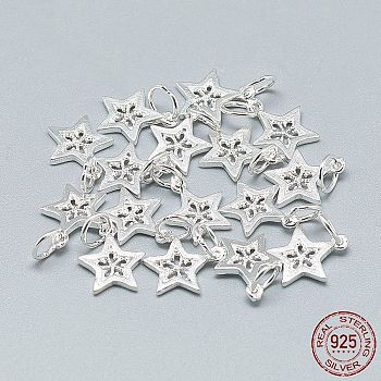 925 Sterling Silver Charms, with Jump Ring, Star, Silver, 12x10x1mm, Hole: 4mm
