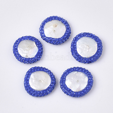 Royal Blue Flat Round Polymer Clay+Glass Rhinestone Beads