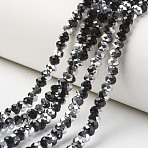 Electroplate Transparent Glass Beads Strands, Half Silver Plated, Faceted, Rondelle, Black, 6x5mm, Hole: 1mm, about 80~85pcs/strand, 38~40cm(EGLA-A034-T6mm-M01)