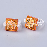 Transparent Resin Cuff Rings, Open Rings, AB Color Plated, Square with Flower, Coral, US Size 8 1/2(18.5mm)(RJEW-T017-02)