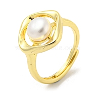 Brass Rhombus Adjustable Rings, with Natural Pearl, Real 14K Gold Plated, US Size 6 3/4(17.1mm)(RJEW-H220-33G)