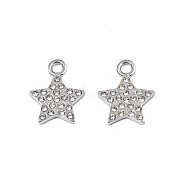 304 Stainless Steel Charms, with Crystal Rhinestone, Star, Stainless Steel Color, 15x12x2mm, Hole: 2mm(STAS-N095-144)